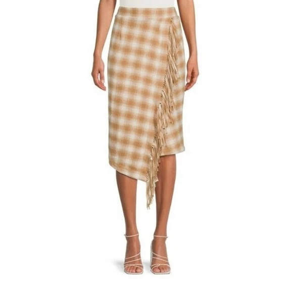 Time and Tru Plaid Fringe Midi Skirt - Tan and Cream - Picture 1 of 13